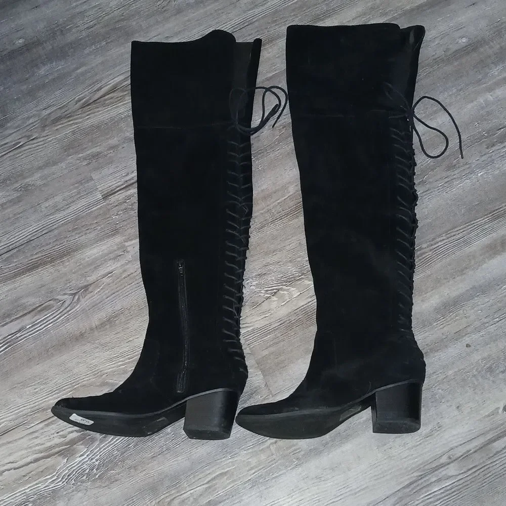 ALDO Bresa suede black over the knee lace laced back block heel boots Sz 6.5